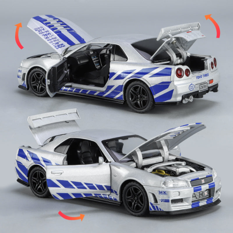 Chimei 1:32 Scale Die-Cast Alloy Model Toy Compatible with Nissan Skyline GT-R R34 - Opening Doors, Sound & Light, Pull-Back Function & Shock Absorption - JDM Sports Car Collection