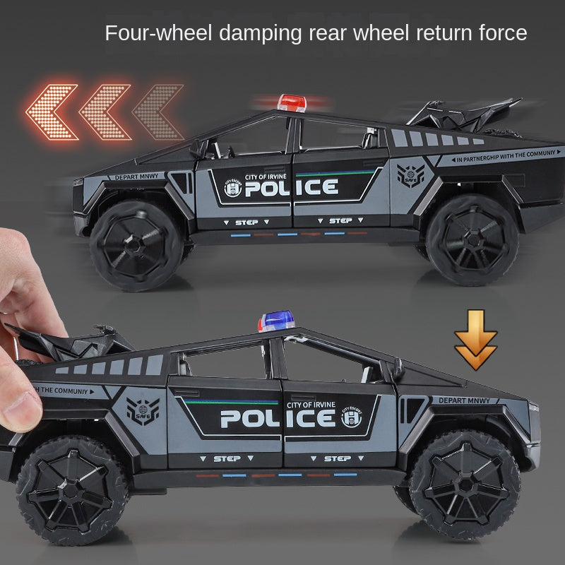 XHD 1:24 Tesla Cybertruck Police Model - Includes Mini Motorcycle, with Sound & Light, Opening Doors, Pull-Back, Shock Absorption & Steering