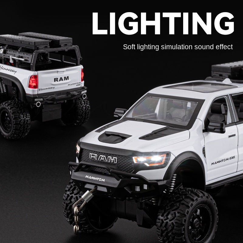 Chezhi 1:24 Die-Cast Alloy Model - Compatible with Dodge Ram Mammoth - Off-Road Pickup Truck with Truck Bed, Roof Rack & Tools, Opening Doors, Sound & Light, Pull-Back, Shock Absorption, Winch & Foldable Mirrors
