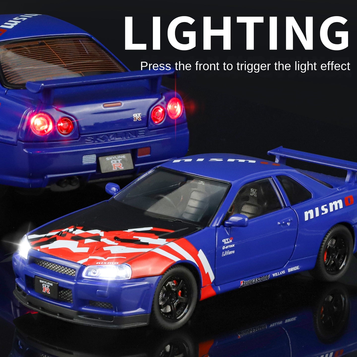 Jinglifang 1:24 Scale Die-Cast Alloy Model Toy Compatible with Nissan GT-R - Opening Doors, Sound & Light, Pull-Back Function, Shock Absorption, Steering & Foldable Mirrors - JDM Sports Car Collection