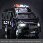 Jinglifang 1:24 Scale Die-Cast Alloy Model Toy Compatible with Iveco Police Vehicle - with Working Police Lights, Opening Doors, Sound & Light, Pull-Back Function, Shock Absorption & Steering - Law Enforcement Vehicle Collection