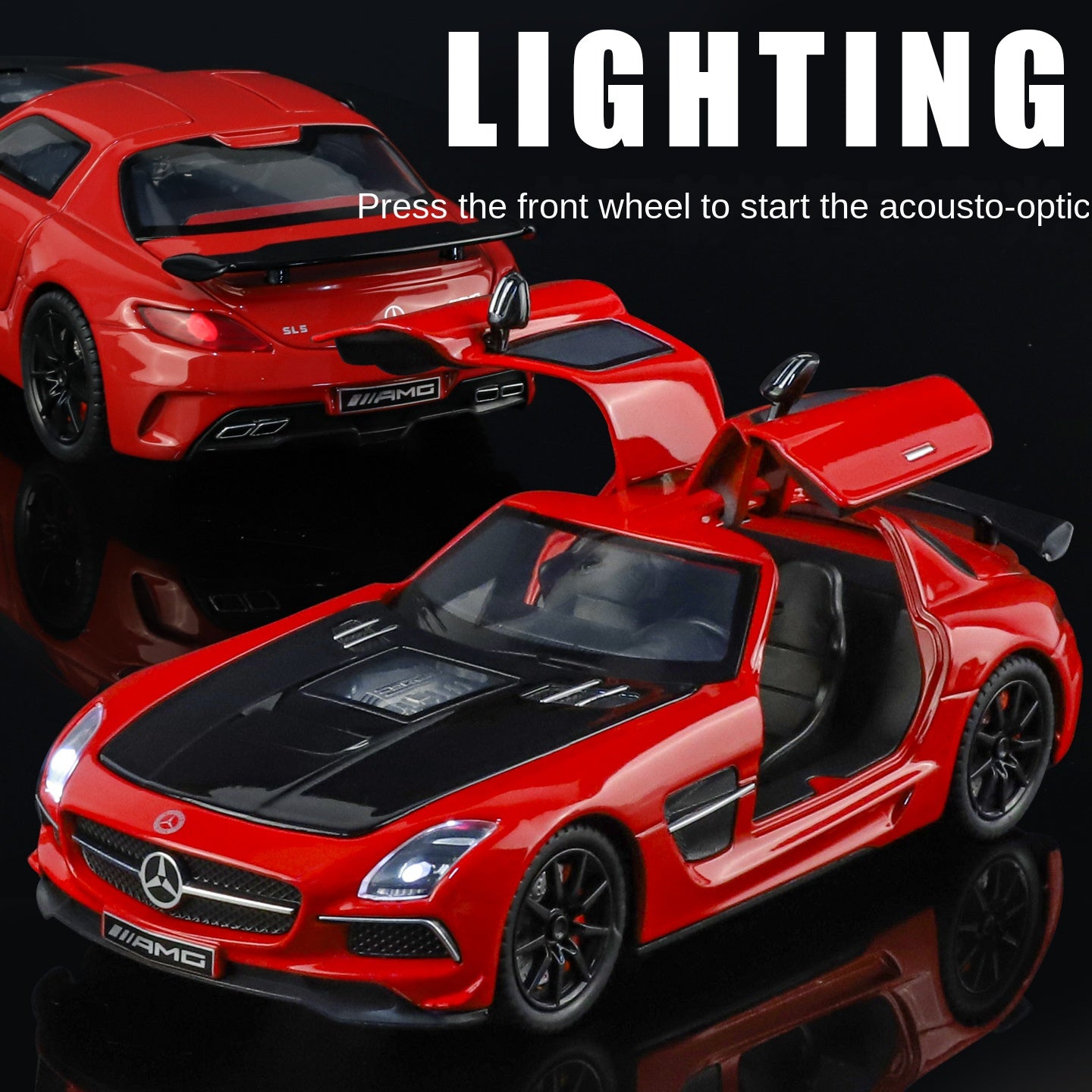 Juguete modelo de aleación fundida a presión XHD a escala 1:24 compatible con Mercedes-Benz SLS AMG: puertas que se abren, sonido e iluminación, función de retroceso, amortiguación, dirección, bocina y espejos plegables - Colección de superdeportivos