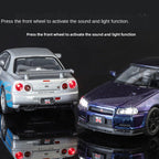 Jinglifang 1:32 Scale Die-Cast Alloy Model Toy Compatible with Nissan Skyline GT-R R34 - Opening Doors, Sound & Light, Pull-Back Function - JDM Sports Car Collection