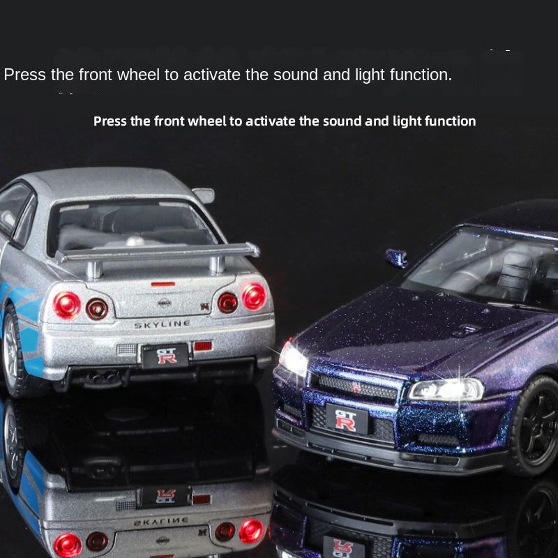 Jinglifang 1:32 Scale Die-Cast Alloy Model Toy Compatible with Nissan Skyline GT-R R34 - Opening Doors, Sound & Light, Pull-Back Function - JDM Sports Car Collection