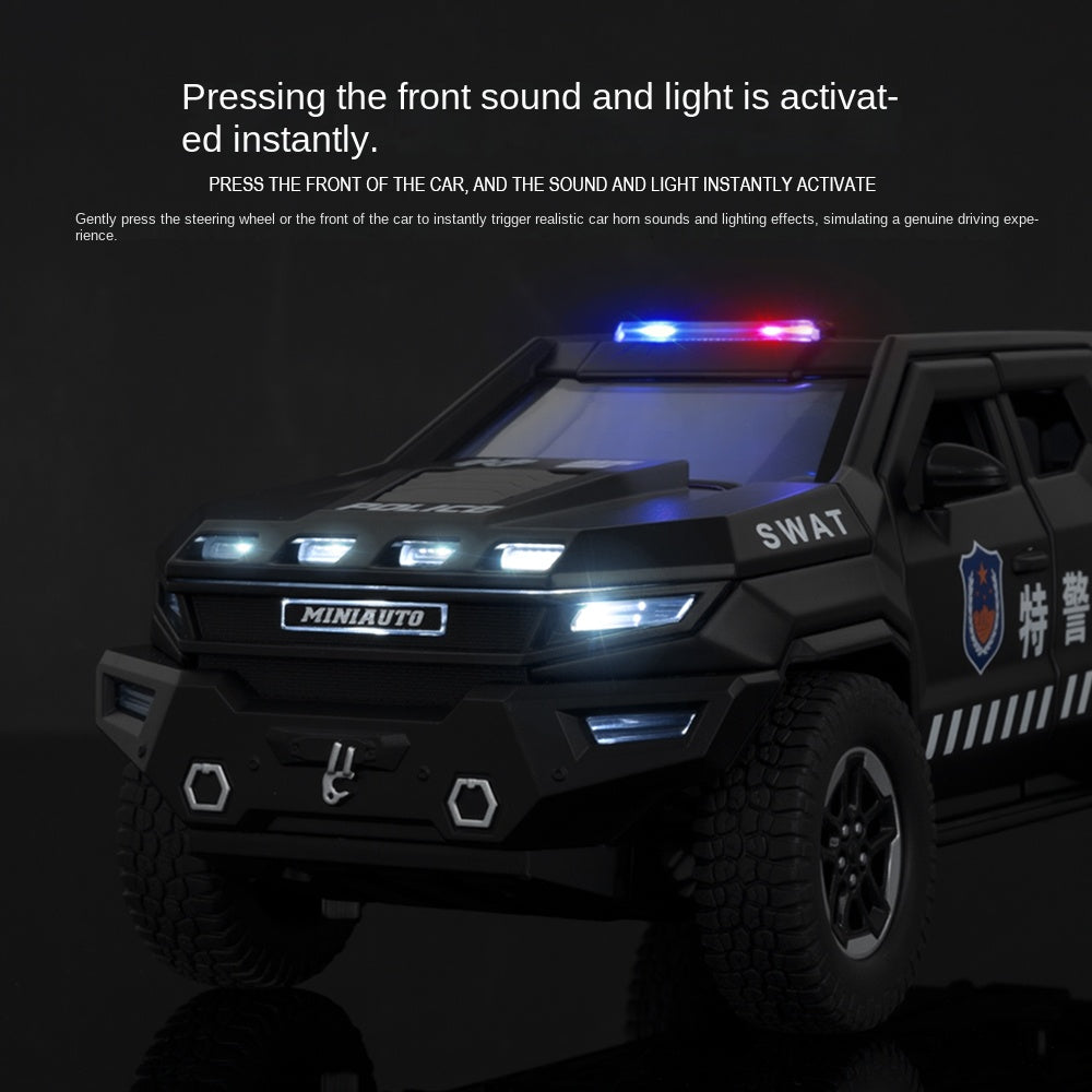 MINIAUTO 1:24 Scale Die-Cast Alloy Model Toy Compatible with Rezvani Vengeance Police Edition - Working Roof Lightbar, Opening Doors, Sound & Light, Pull-Back Function, Shock Absorption, Steering & Horn - Law Enforcement Vehicle Collection