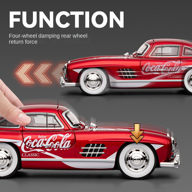 Chezhi 1:24 Scale Coca-Cola Livery Edition Die-Cast Alloy Model Toy Compatible with Mercedes-Benz 300SL - Opening Doors, Sound & Light, Pull-Back Function, Shock Absorption, Steering & Horn - Classic Sports Car Collection