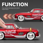 Chezhi 1:24 Scale Coca-Cola Livery Edition Die-Cast Alloy Model Toy Compatible with Mercedes-Benz 300SL - Opening Doors, Sound & Light, Pull-Back Function, Shock Absorption, Steering & Horn - Classic Sports Car Collection