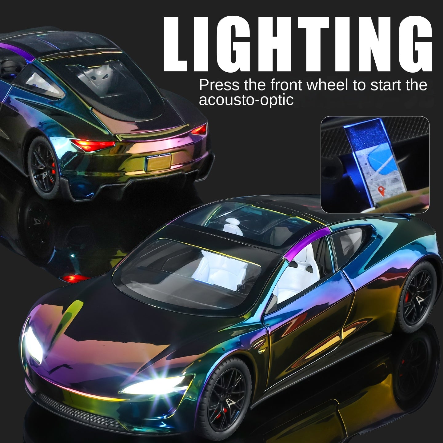 Tesla Roadster a escala 1:24, modelo de aleación fundida a presión, techo desmontable, puertas que se abren, sonido e iluminación, función de retroceso, amortiguación, dirección, bocina y alerón trasero ajustable. Colección de superdeportivos eléctricos.