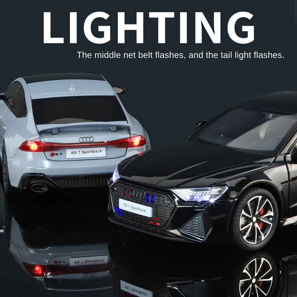 HaoChi 1:24 Scale Licensed Audi RS7 with Grille Flashing Lights Die-Cast Alloy Model Toy - Opening Doors, Sound & Light, Pull-Back Function, Shock Absorption, Steering, Horn & Adjustable Rear Wing - Sports Car Collection