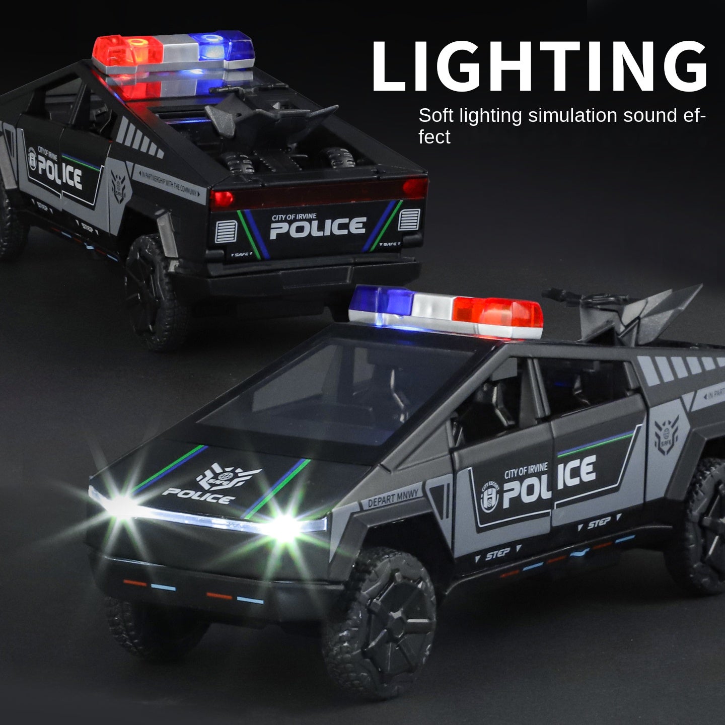 Tesla Cybertruck Police Edition - Maqueta de juguete de aleación fundida a presión a escala 1:32 XHD con motocicleta de juguete: puertas que se abren, sonido e iluminación, función de retroceso y amortiguación - Colección de vehículos policiales