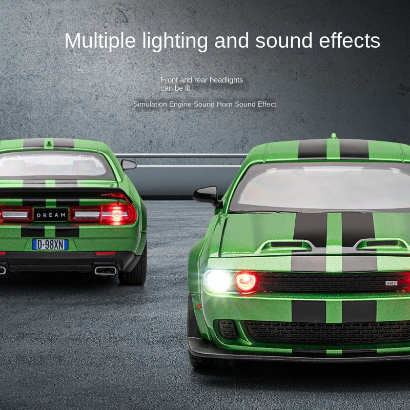 Jiaye 1:22 Die-Cast Alloy Model - Compatible with Dodge Challenger SRT Hellcat - American Muscle Car with Opening Doors, Sound & Light, Pull-Back Action, Shock Absorption, Steering, Horn & Foldable Mirrors