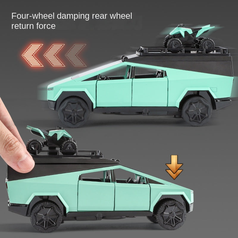 XHD 1:32 Die-Cast Alloy Model - Compatible with Tesla Cybertruck Camper - Off-Grid Camping Set with Mini Motorcycle, Opening Doors, Sound & Light, Pull-Back Action & Shock Absorption