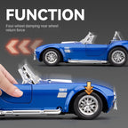 Modelo de juguete Chezhi a escala 1:24 de aleación fundida a presión compatible con Shelby Cobra: puertas que se abren, sonido e iluminación, función de retroceso, amortiguación, dirección y bocina. Colección de autos deportivos clásicos.