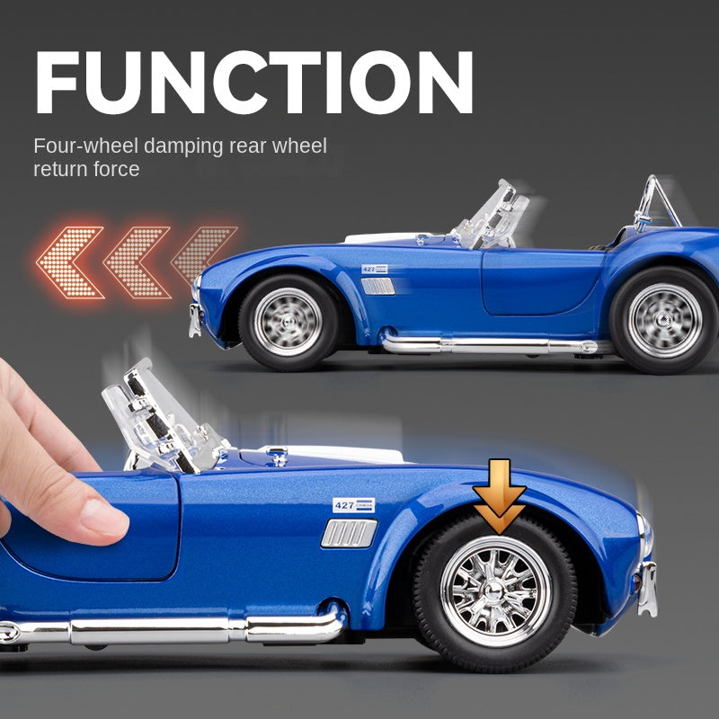 Modelo de juguete Chezhi a escala 1:24 de aleación fundida a presión compatible con Shelby Cobra: puertas que se abren, sonido e iluminación, función de retroceso, amortiguación, dirección y bocina. Colección de autos deportivos clásicos.