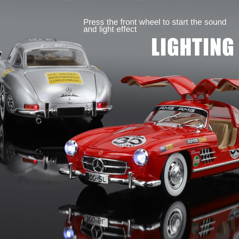 Jinglifang 1:24 Scale Die-Cast Alloy Model Toy Compatible with Mercedes-Benz 300SL Racing Livery - Opening Doors, Sound & Light, Pull-Back Function, Shock Absorption, Steering & Horn - Classic Sports Car Collection