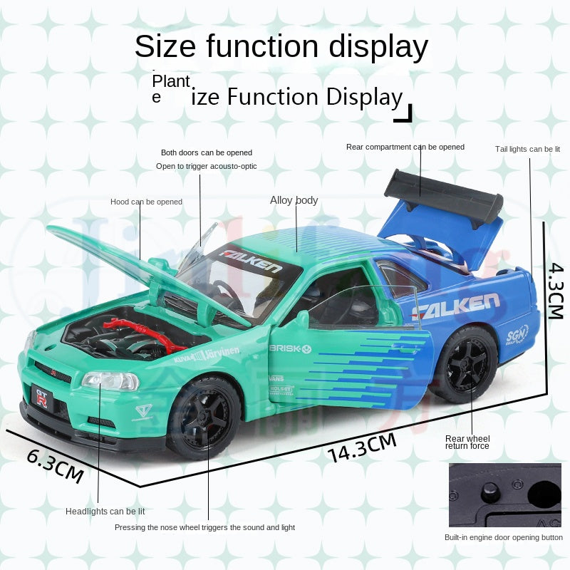 Jin Lifang 1:32 Die-Cast Alloy Model - Compatible with Nissan Skyline GT-R (R34) - JDM Icon with Racing Livery, Opening Doors, Sound & Light & Pull-Back Action