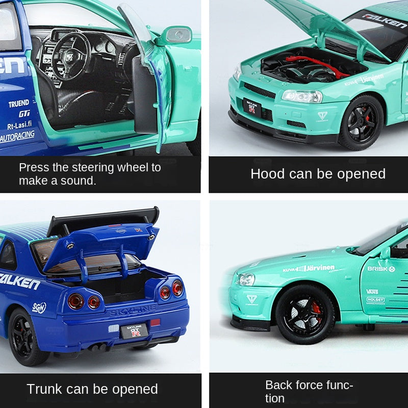 Jin Lifang 1:24 Die-Cast Alloy Model - Compatible with Nissan Skyline GT-R (R34) - JDM Icon with Racing Livery, Opening Doors, Sound & Light, Pull-Back Action, Shock Absorption & Interactive Steering
