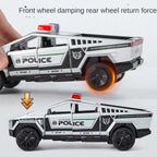 Tesla Cybertruck Police Edition - Maqueta de juguete de aleación fundida a presión a escala 1:32 XHD con motocicleta de juguete: puertas que se abren, sonido e iluminación, función de retroceso y amortiguación - Colección de vehículos policiales