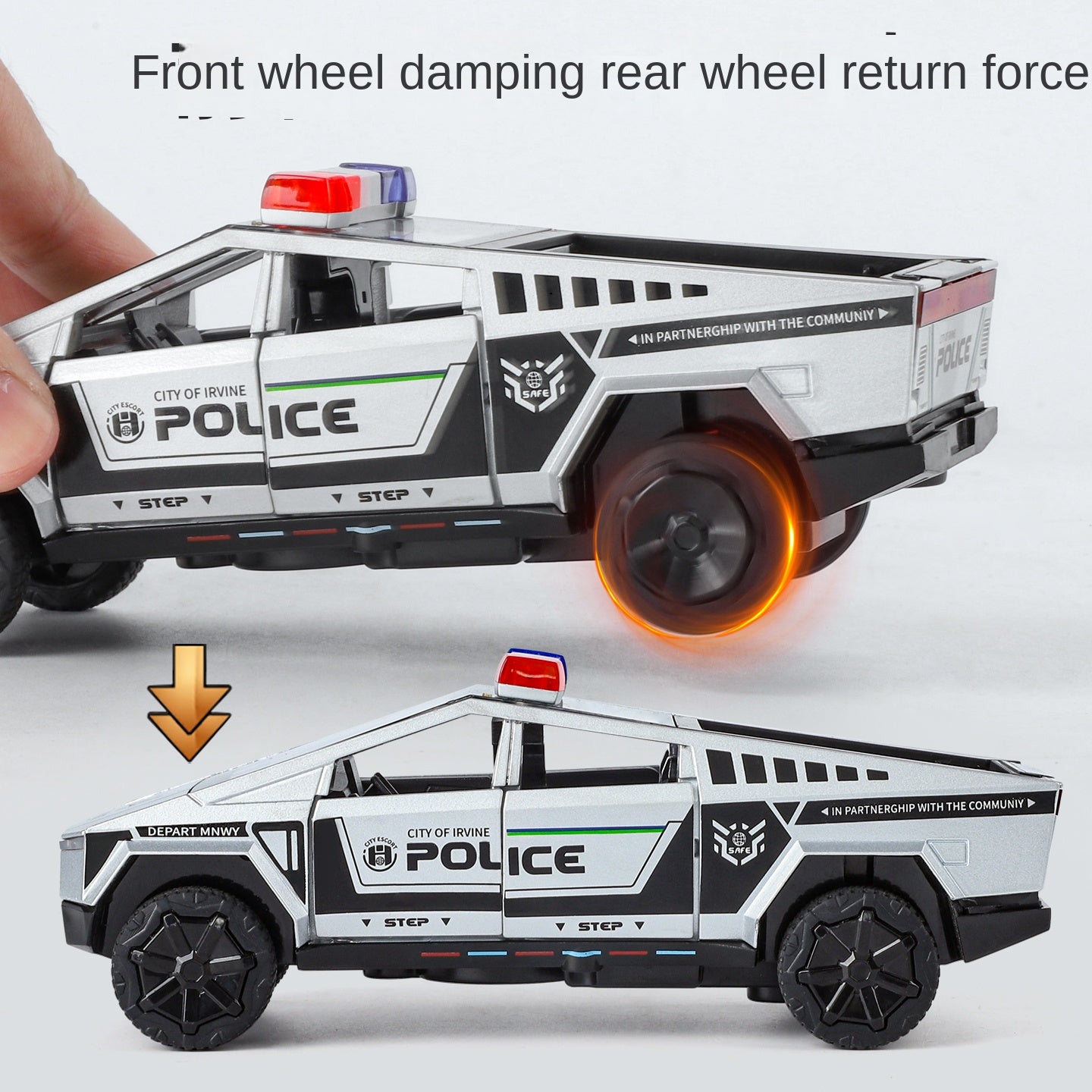 Tesla Cybertruck Police Edition - Maqueta de juguete de aleación fundida a presión a escala 1:32 XHD con motocicleta de juguete: puertas que se abren, sonido e iluminación, función de retroceso y amortiguación - Colección de vehículos policiales