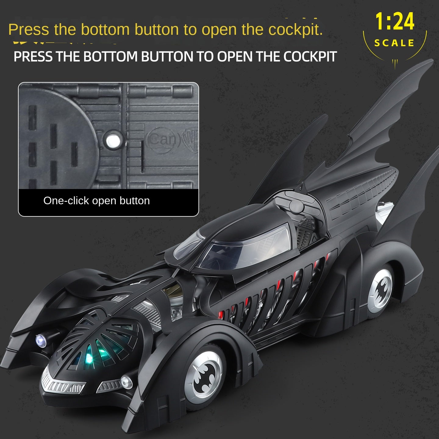 Qiyi 1:24 Scale Licensed 1995 Batmobile Die-Cast Alloy Model Toy - Smoke Effect, Removable Rear Wing, Opening Canopy, Sound & Light, Pull-Back Function, Shock Absorption & Steering - Movie Vehicle Collection