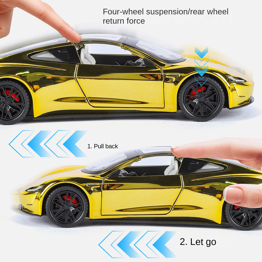 Tesla Roadster a escala 1:24, modelo de aleación fundida a presión, techo desmontable, puertas que se abren, sonido e iluminación, función de retroceso, amortiguación, dirección, bocina y alerón trasero ajustable. Colección de superdeportivos eléctricos.