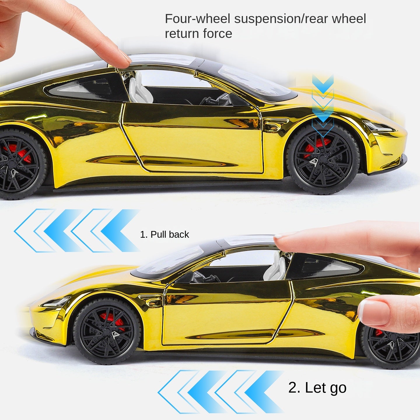 Tesla Roadster a escala 1:24, modelo de aleación fundida a presión, techo desmontable, puertas que se abren, sonido e iluminación, función de retroceso, amortiguación, dirección, bocina y alerón trasero ajustable. Colección de superdeportivos eléctricos.