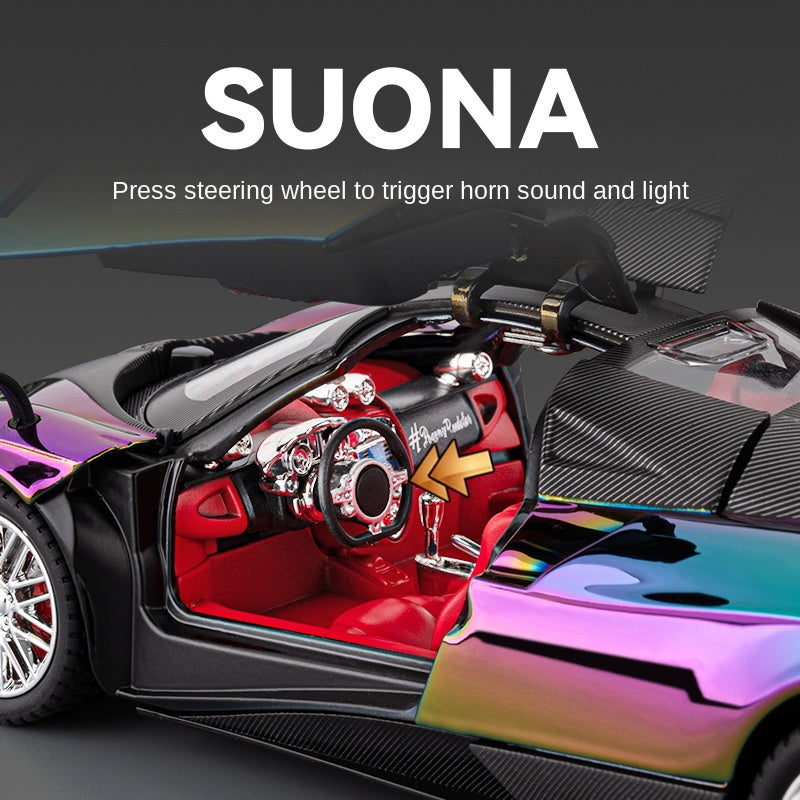 Modelo de juguete Chezhi de aleación fundida a presión, edición cromada, escala 1:24, compatible con Pagani Zonda C12: puertas que se abren, sonido e iluminación, función de retroceso, amortiguación, dirección y bocina - Colección de superdeportivos