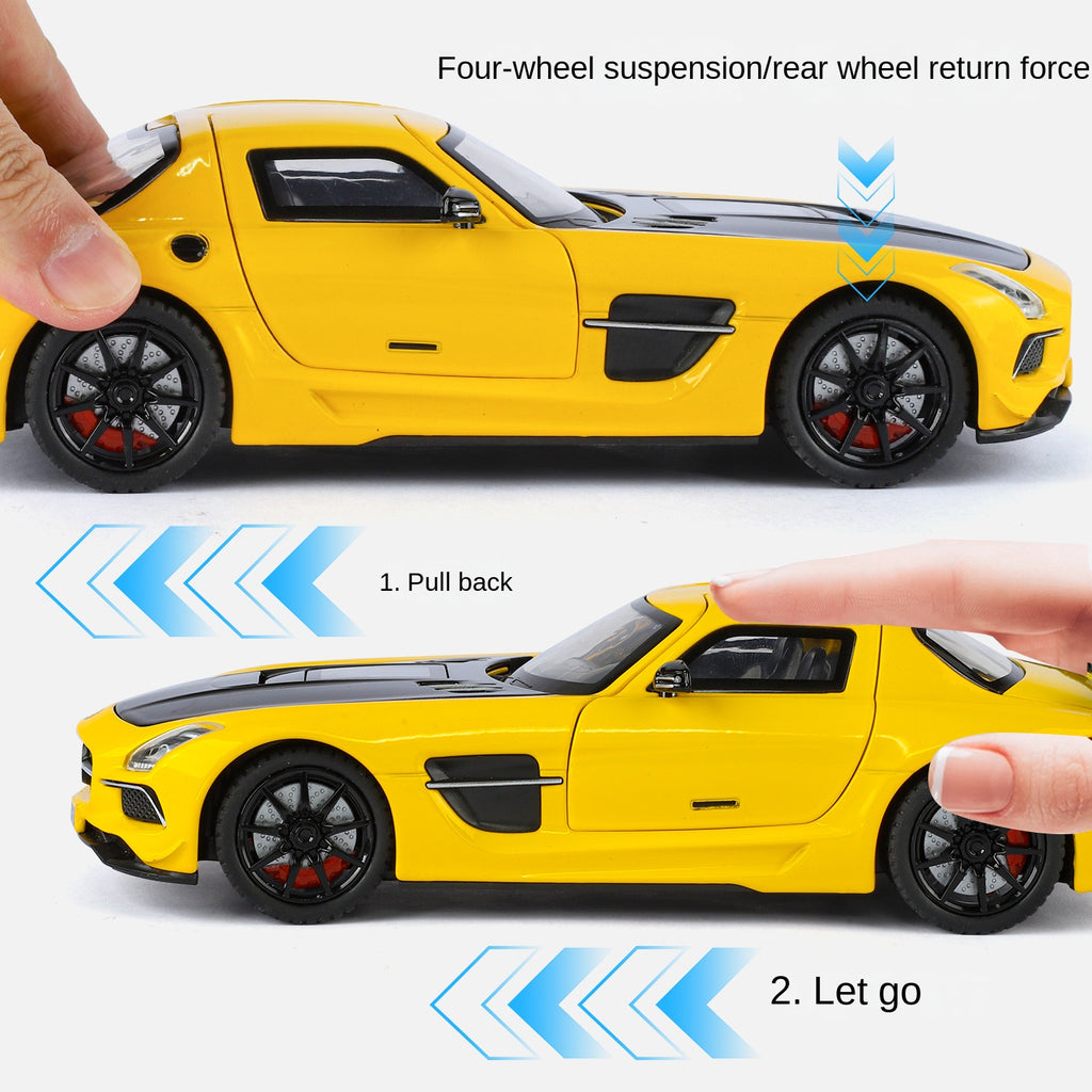 Juguete modelo de aleación fundida a presión XHD a escala 1:24 compatible con Mercedes-Benz SLS AMG: puertas que se abren, sonido e iluminación, función de retroceso, amortiguación, dirección, bocina y espejos plegables - Colección de superdeportivos
