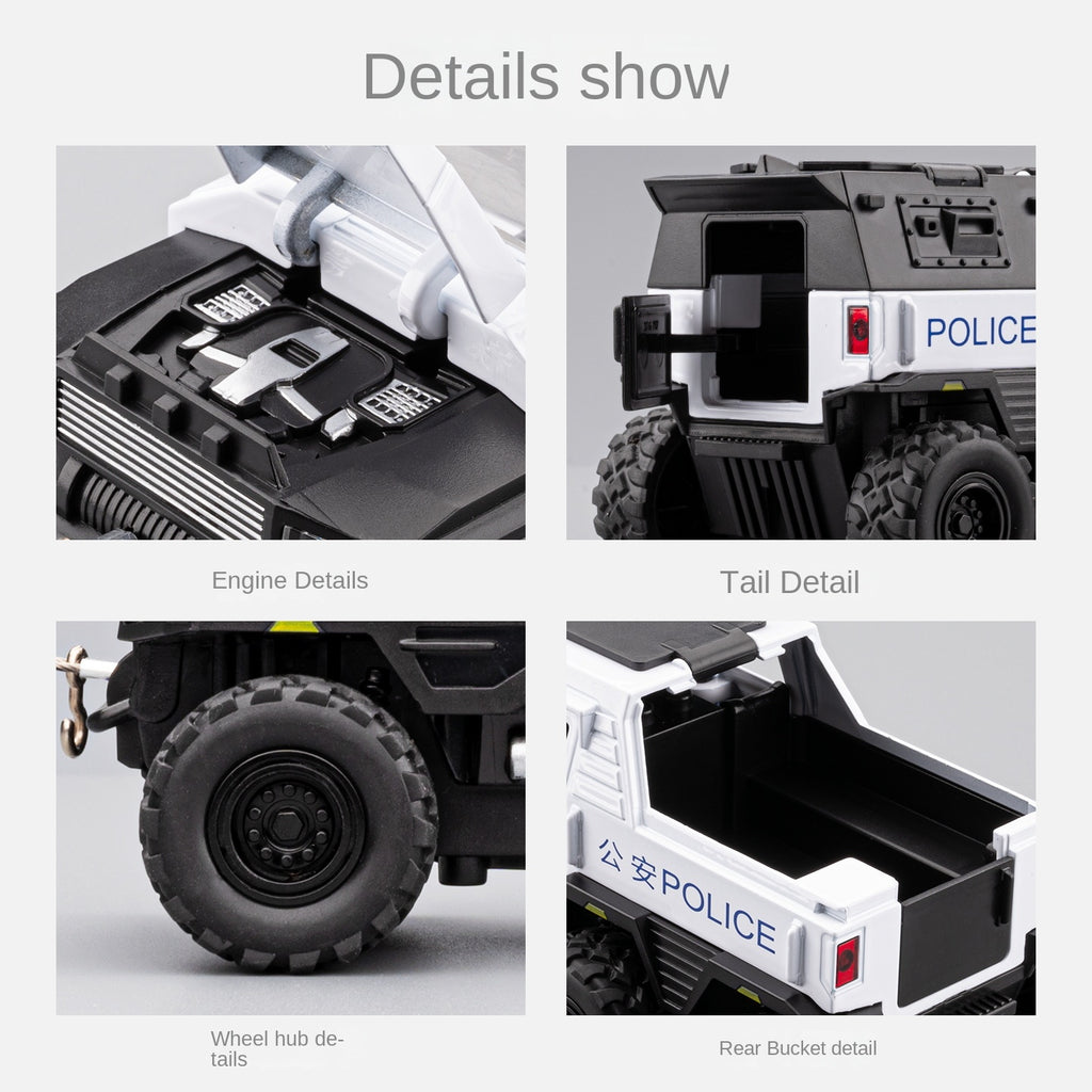 Chezhi 1:32 Scale Die-Cast Alloy Model Toy Compatible with 6x6 Conqueror Police Vehicle - Police Lights & Siren, Opening Doors, Sound & Light, Pull-Back Function, Openable Sunroof & Removable Rear Cover - Law Enforcement Vehicle Collection