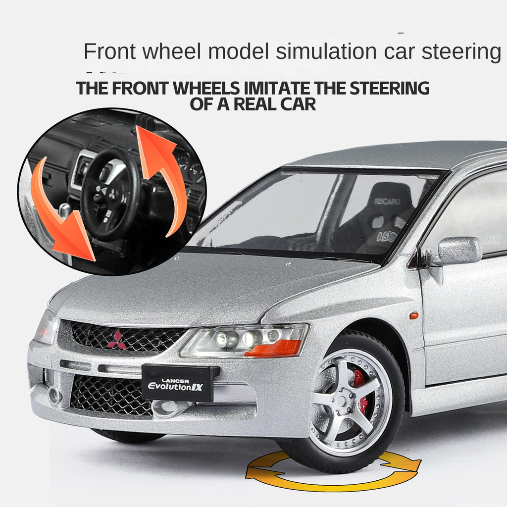 Mitsubishi Lancer Evolution IX, modelo de aleación fundida a presión con licencia a escala 1:24 de Jinglifang: puertas que se abren, sonido e iluminación, función de retroceso, amortiguación y dirección. Colección de autos deportivos JDM.
