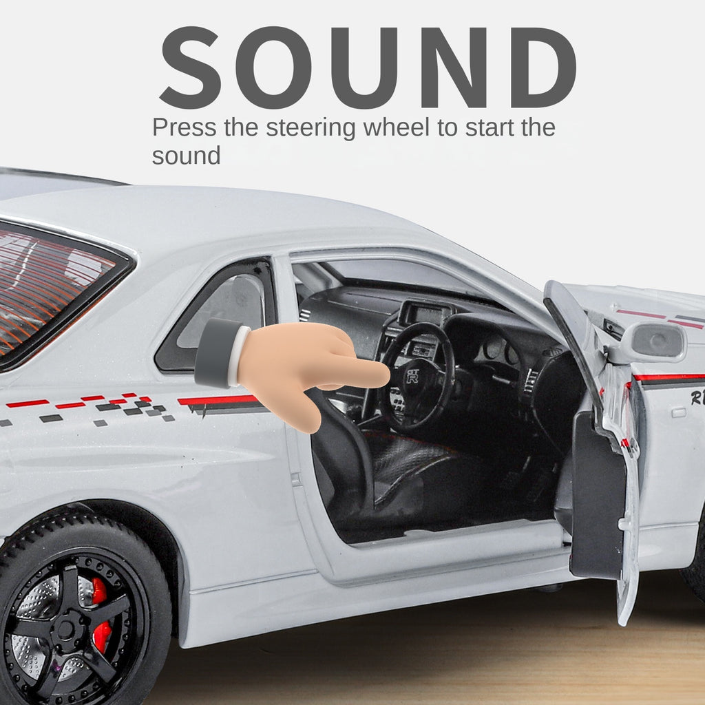 Jinglifang 1:24 Scale Die-Cast Alloy Model Toy Compatible with Nissan GT-R - Opening Doors, Sound & Light, Pull-Back Function, Shock Absorption, Steering & Foldable Mirrors - JDM Sports Car Collection