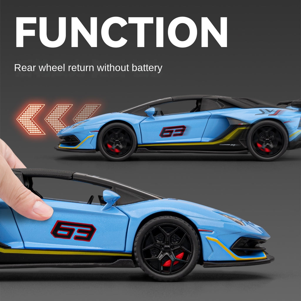 Maqueta de juguete Chezhi a escala 1:32 de aleación fundida a presión compatible con Lamborghini Aventador SVJ63: techo desmontable, puertas que se abren, sonido e iluminación, función de retroceso. Colección de superdeportivos de edición limitada.