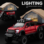 Chezhi 1:24 Scale Ford F-150 Raptor 6x6 RV Die-Cast Alloy Model Toy with Roof Accessories & Observation Cabin - Opening Doors, Sound & Light, Pull-Back Function & Shock Absorption - Adventure Camper Collection