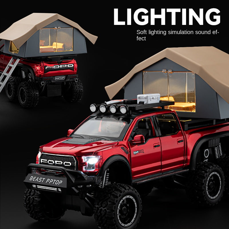 Chezhi 1:24 Scale Ford F-150 Raptor 6x6 RV Die-Cast Alloy Model Toy with Roof Accessories & Observation Cabin - Opening Doors, Sound & Light, Pull-Back Function & Shock Absorption - Adventure Camper Collection