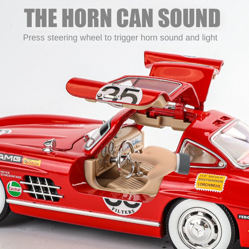 Jinglifang 1:24 Scale Die-Cast Alloy Model Toy Compatible with Mercedes-Benz 300SL Racing Livery - Opening Doors, Sound & Light, Pull-Back Function, Shock Absorption, Steering & Horn - Classic Sports Car Collection