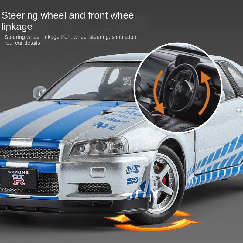 Jinglifang 1:24 Scale Die-Cast Alloy Model Toy Compatible with Nissan Skyline GT-R R34 - Opening Doors, Sound & Light, Pull-Back Function, Shock Absorption & Steering - JDM Sports Car Collection