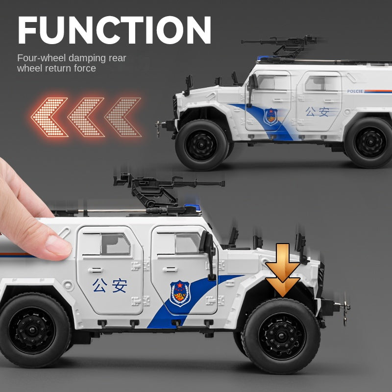Chezhi 1:20 Die-Cast Alloy Police Car Model - Dongfeng Mengshi Style, with Extendable Winch, Opening Doors, Sound & Light, Pull-Back Action, Shock Absorption & Steering