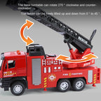 XHD 1:35 Scale Aerial Ladder Fire Truck Die-Cast Alloy Model Toy - Press-to-Spray Water, Extendable & Elevating Ladder, Opening Doors, Sound & Light, Pull-Back Function - Emergency Rescue Collection