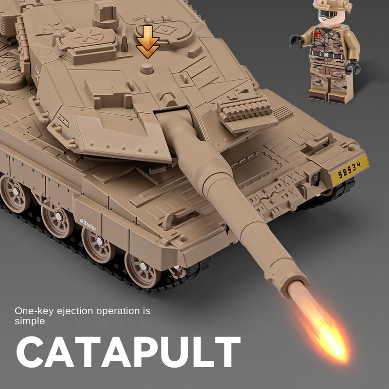 Chezhi Die-Cast Alloy Model - Compatible with Leopard 2 Main Battle Tank - Military Edition with Smoke/Missile Ejection, Action Figures, Opening Hatches, Sound & Light, Pull-Back Action & Shock Absorption