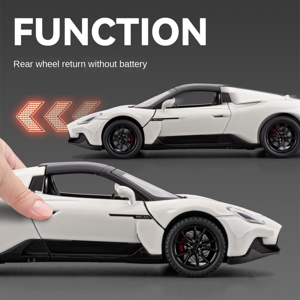 Maqueta de juguete Chezhi a escala 1:32 de aleación fundida a presión compatible con Maserati MC20: techo rígido retráctil, puertas que se abren, sonido e iluminación, función de retroceso - Colección de superdeportivos italianos