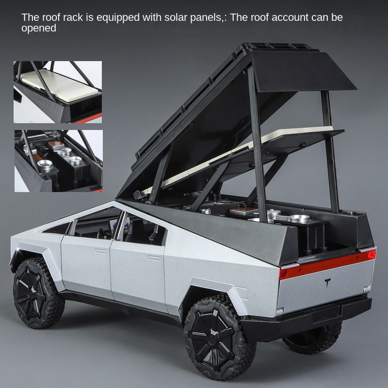 XHD 1:24 Scale Die-Cast Alloy Model Toy Compatible with Tesla Cybertruck Camper - Openable Roof Tent, Opening Doors, Sound & Light, Pull-Back Function, Shock Absorption, Steering & Horn - Electric Adventure Collection