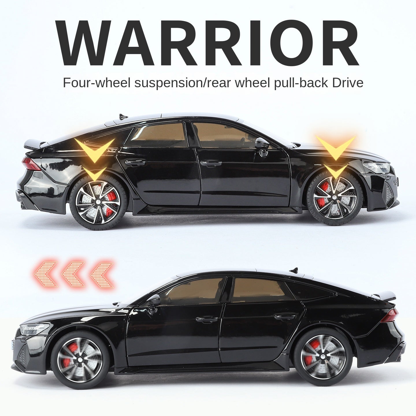 HaoChi 1:24 Scale Licensed Audi RS7 with Grille Flashing Lights Die-Cast Alloy Model Toy - Opening Doors, Sound & Light, Pull-Back Function, Shock Absorption, Steering, Horn & Adjustable Rear Wing - Sports Car Collection