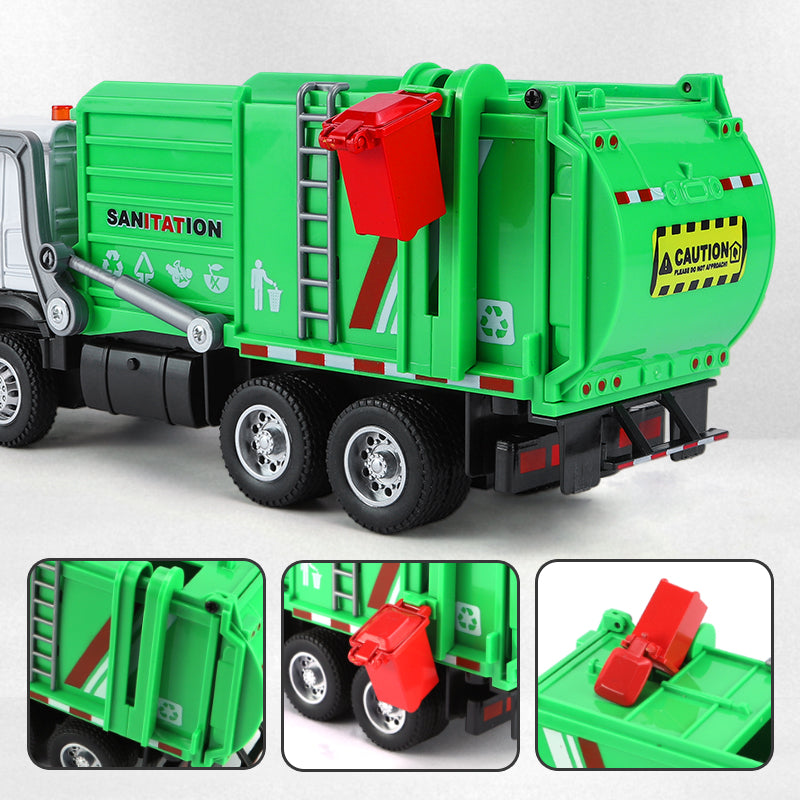 XHD 1:35 Scale City Sanitation Truck Die-Cast Alloy Model Toy with Mini Garbage Bins - Opening Doors, Sound & Light, Pull-Back Function - Municipal Vehicle Collection
