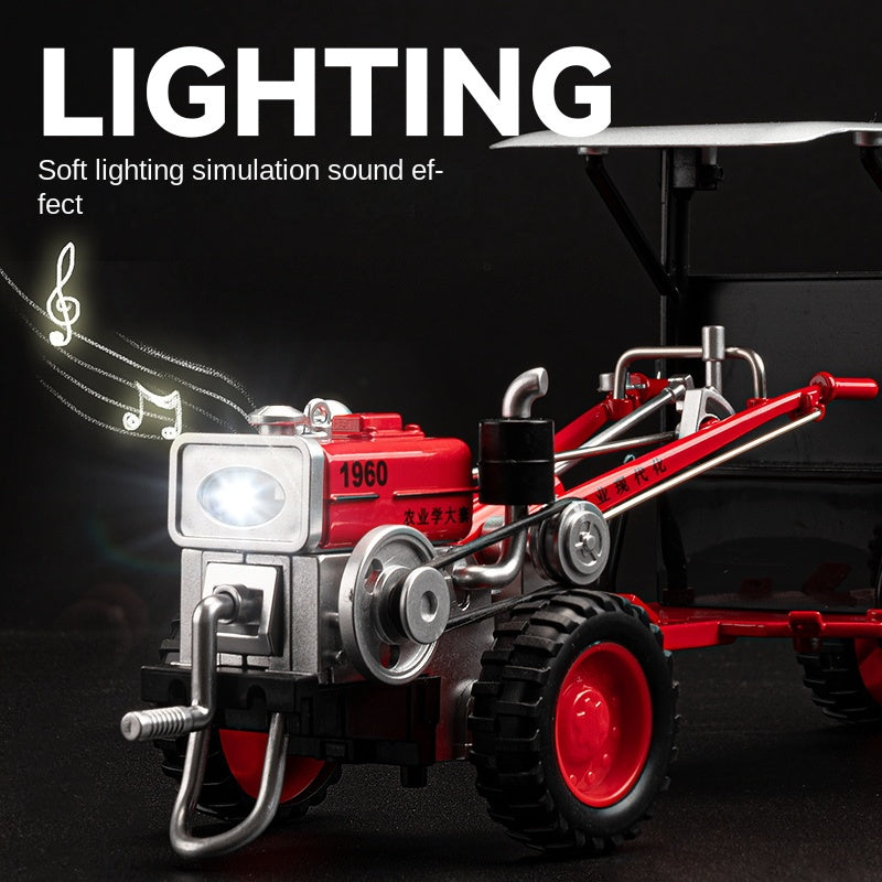 1:24 Die-Cast Alloy Walk-Behind Tractor Model - Walking Tractor with Simulated Starting Crank, Sound & Light, Pull-Back Action, Steering, Liftable Trailer & Lowerable Tailgate