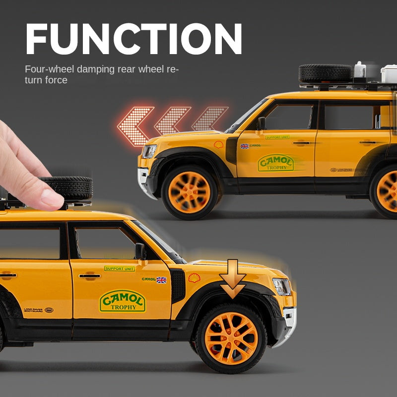 Beleying 1:24 Die-Cast Alloy Model - Compatible with Land Rover Defender - Gulf Oil / Camel Trophy Limited Edition with Roof Rack, Opening Doors, Sound & Light, Pull-Back Action & Shock Absorption