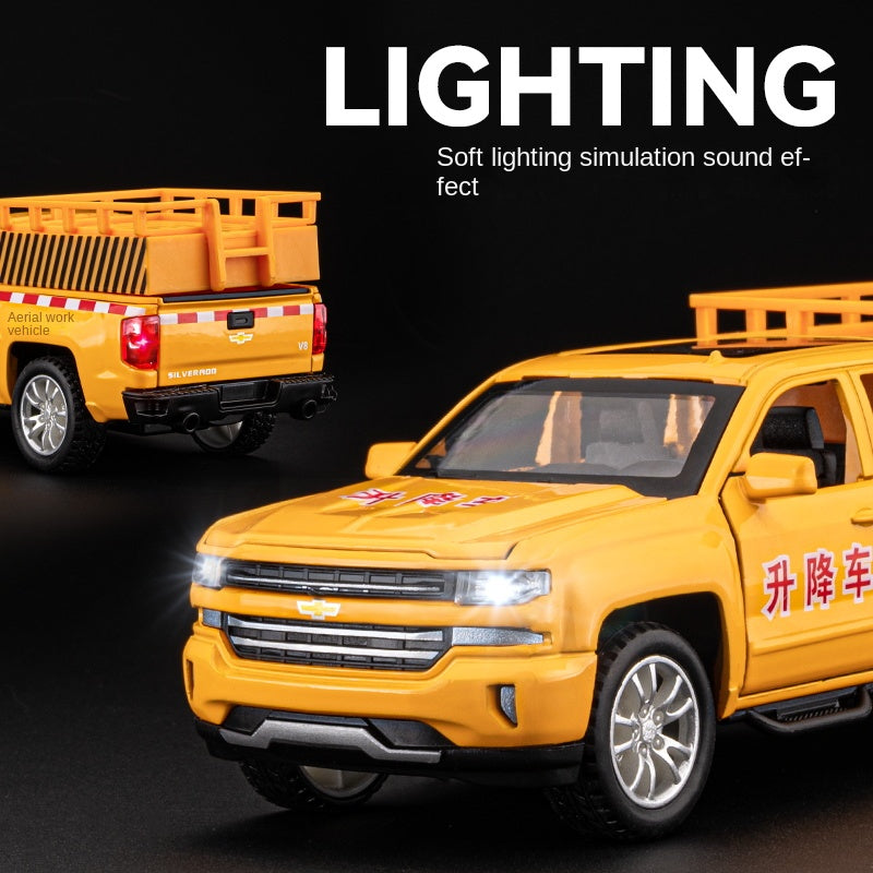 Chezhi 1:32 Scale Die-Cast Alloy Model Toy Compatible with Chevrolet Pickup - Aerial Platform / Rescue Truck, Opening Doors, Sound & Light, Pull-Back Function