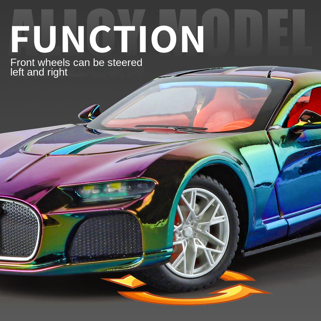 XHD 1:24 Scale Chrome Edition Die-Cast Alloy Model Toy Compatible with Bugatti Atlantic - Opening Doors, Sound & Light, Pull-Back Function, Shock Absorption, Steering, Horn with Mini Luggage Set - Classic Car Collection