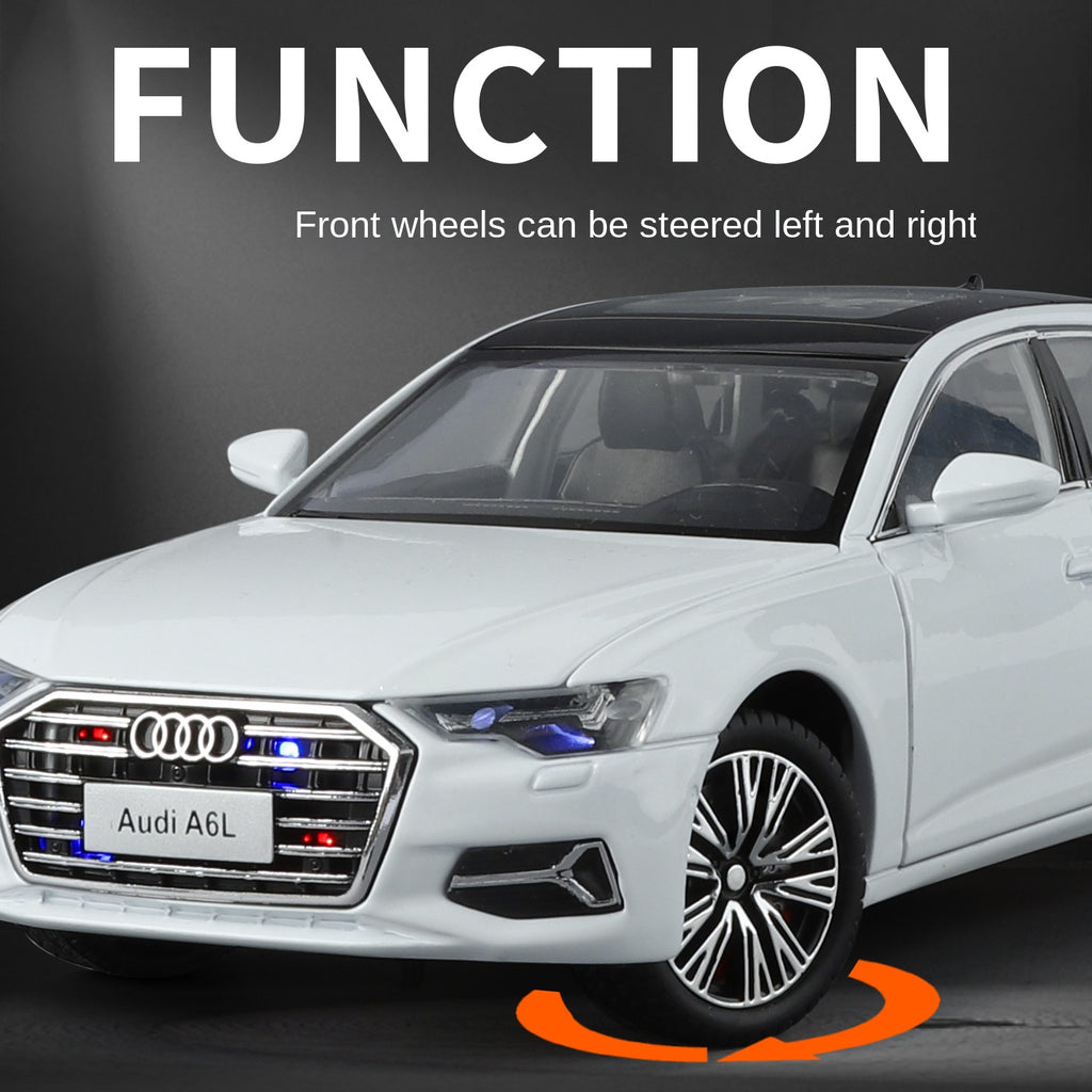 Audi A6L con licencia HaoChi a escala 1:24, modelo de aleación fundida a presión con parrilla y luces intermitentes. Puertas que se abren, sonido e iluminación, función de retroceso, amortiguación, dirección y bocina. Colección de sedanes de lujo.