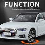 Audi A6L con licencia HaoChi a escala 1:24, modelo de aleación fundida a presión con parrilla y luces intermitentes. Puertas que se abren, sonido e iluminación, función de retroceso, amortiguación, dirección y bocina. Colección de sedanes de lujo.