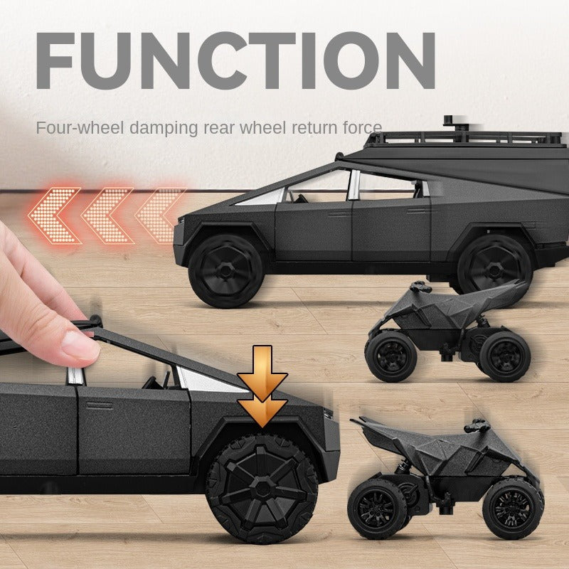 Chezhi 1:32 Die-Cast Alloy Model - Compatible with  Tesla Cybertruck Camping RV with Mini Motorcycle, Opening Doors, Sound & Light, Pull-Back Action & Shock Absorption